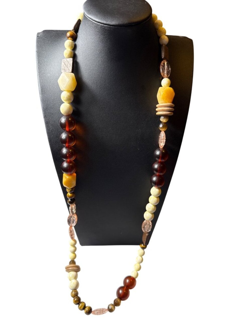 Vintage Boho Chunky Amber Resin Long Statement Necklace Earthy